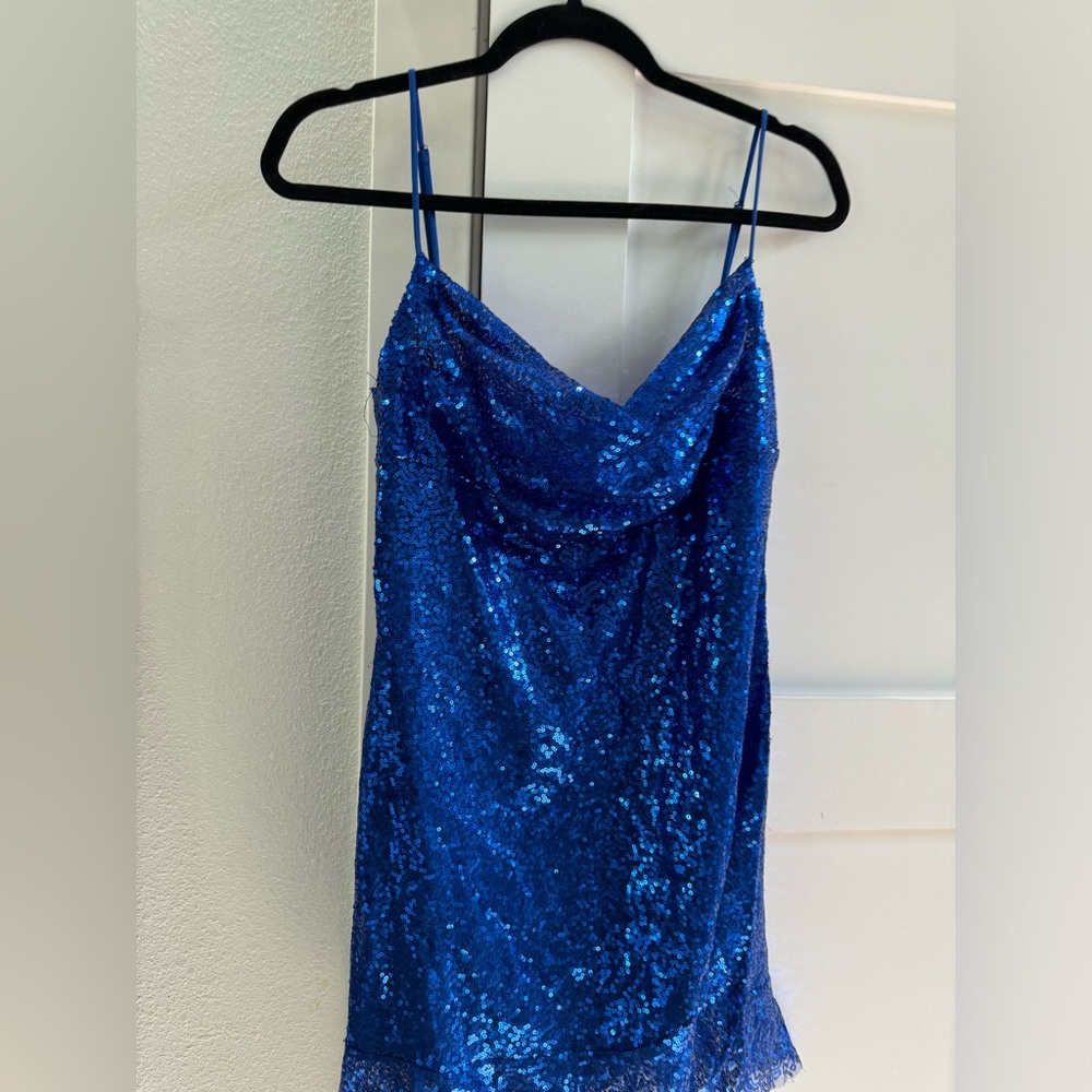 Blue Lucy In The Sky Sequin Cowl Neck Dress